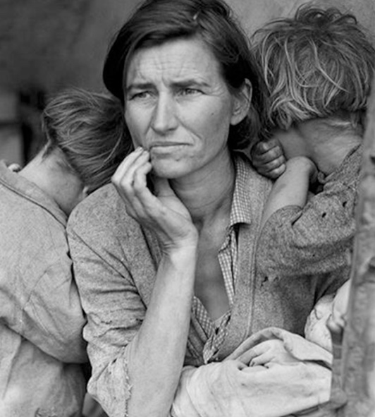 A photograph of Florence Owens Thompson and her children, taken in a pea pickers' camp near Nipomo, California.